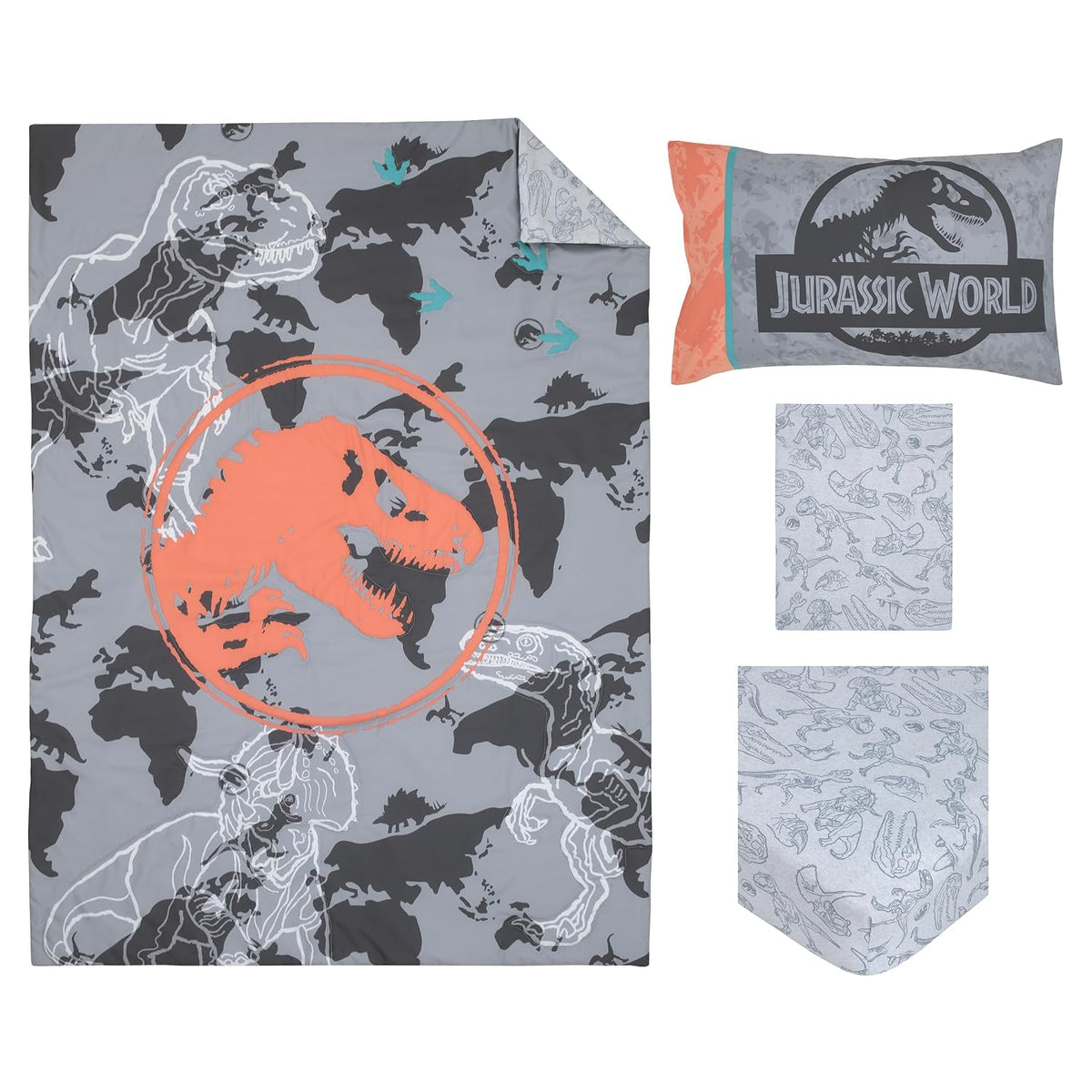 Jurassic World 4-Piece Toddler Bedding Set, T-Rex Map Comforter, Fitted Bottom Sheet, Flat Top Sheet & Pillowcase, Grey, Charcoal and Neon Orange