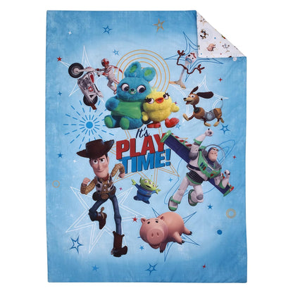 Disney Pixar Toy Story 4-Piece Toddler Bedding Set, Woody, Buzz Lightyear, Jessie & Hamm Comforter, Fitted Bottom Sheet, Flat Top Sheet & Pillowcase, Sky Blue and Red