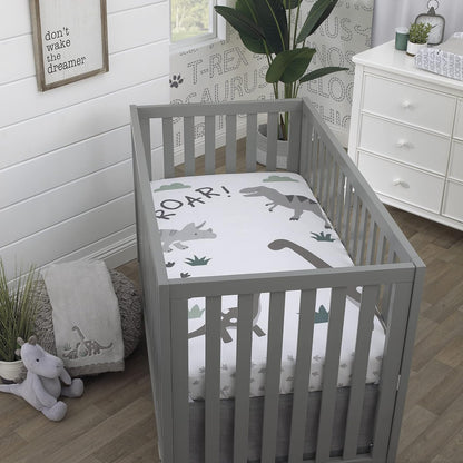 NoJo Baby-Saurus Photo Op ROAR Fitted Crib Sheet, Prehistoric Dinosaur Nursery Bedding, Grey, Sage Green and White