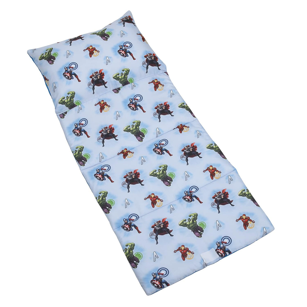 Marvel Avengers Toddler Padded Nap Mat with Built-In Pillow, Daycare Rest Mat, Light Blue