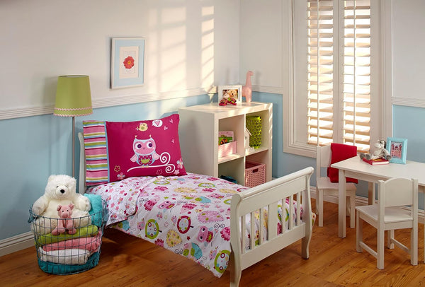 Everything Kids Hoot Hoot Owl 4-Piece Toddler Bedding Set, Comforter, Fitted Sheet, Flat Sheet & Pillowcase, P