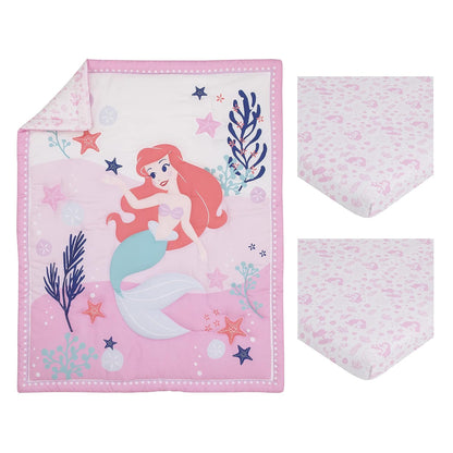 Disney The Little Mermaid Ariel 3-Piece Toddler Bedding Set, Comforter and Fitted Sheets, Pink