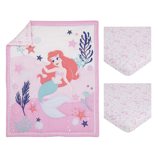 Disney The Little Mermaid Ariel 3-Piece Toddler Bedding Set, Comforter and Fitted Sheets, Pink