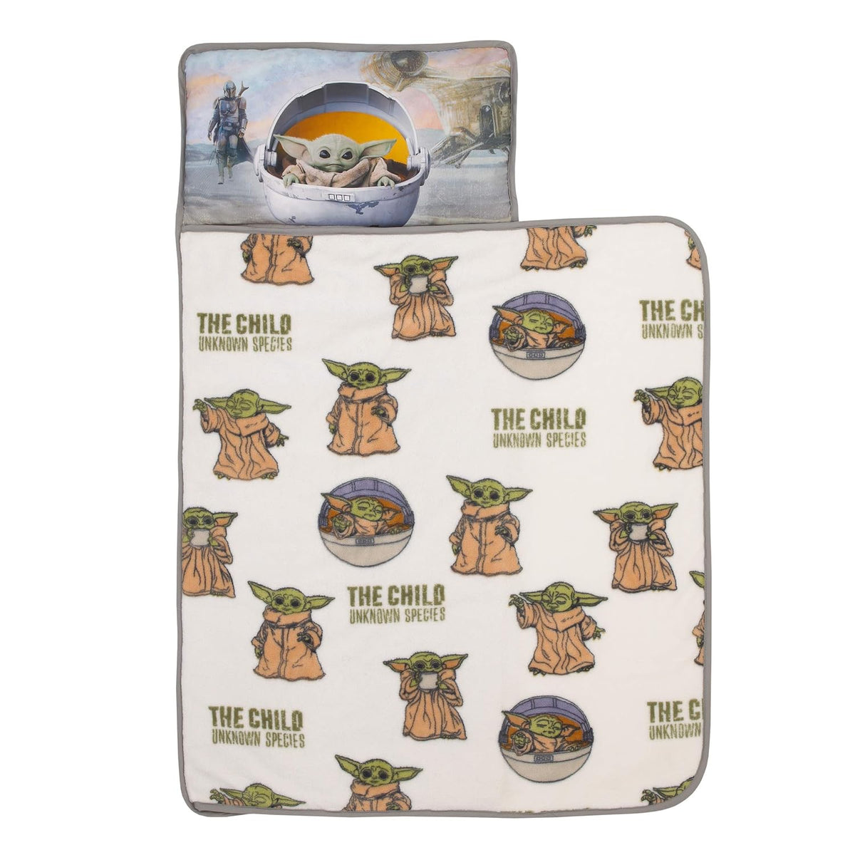 Star Wars The Mandalorian The Child Toddler Nap Mat with Pillow & Blanket, Grogu Unknown Species, Green, Tan and White