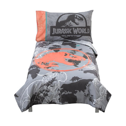 Jurassic World 4-Piece Toddler Bedding Set, T-Rex Map Comforter, Fitted Bottom Sheet, Flat Top Sheet & Pillowcase, Grey, Charcoal and Neon Orange
