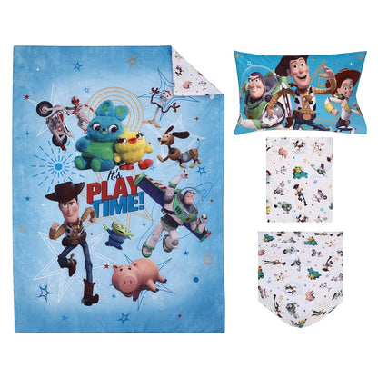 Disney Pixar Toy Story 4-Piece Toddler Bedding Set, Woody, Buzz Lightyear, Jessie & Hamm Comforter, Fitted Bottom Sheet, Flat Top Sheet & Pillowcase, Sky Blue and Red