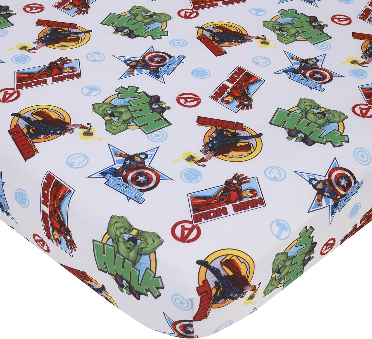 Marvel Avengers 4-Piece Toddler Bedding Set, Hulk, Iron Man, Captain America & Thor Comforter, Fitted Bottom Sheet, Flat Top Sheet & Pillowcase, Blue, Red and Green