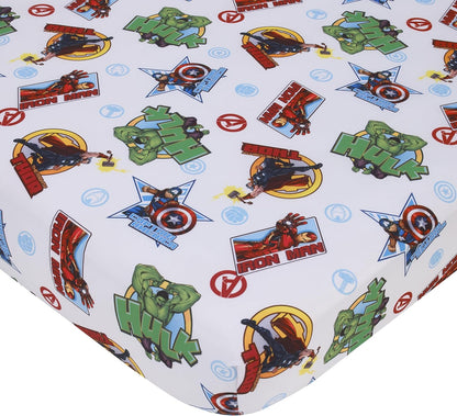Marvel Avengers 4-Piece Toddler Bedding Set, Hulk, Iron Man, Captain America & Thor Comforter, Fitted Bottom Sheet, Flat Top Sheet & Pillowcase, Blue, Red and Green
