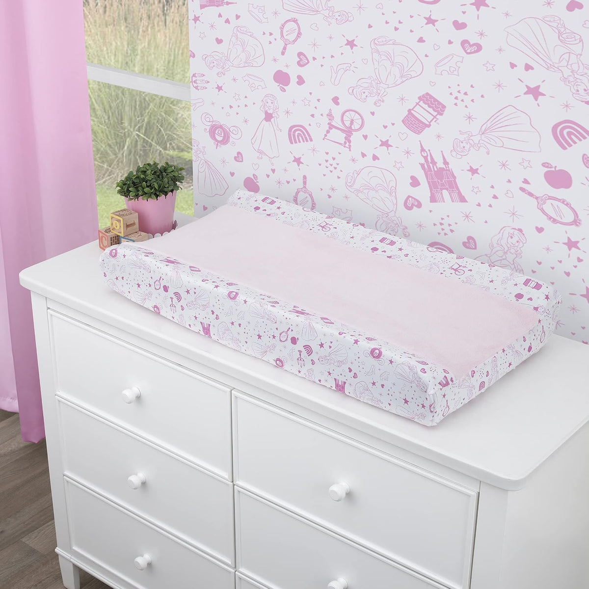 Disney Princess Baby Changing Pad Cover, Cinderella & Belle Fitted Nursery Cover, Pink and White