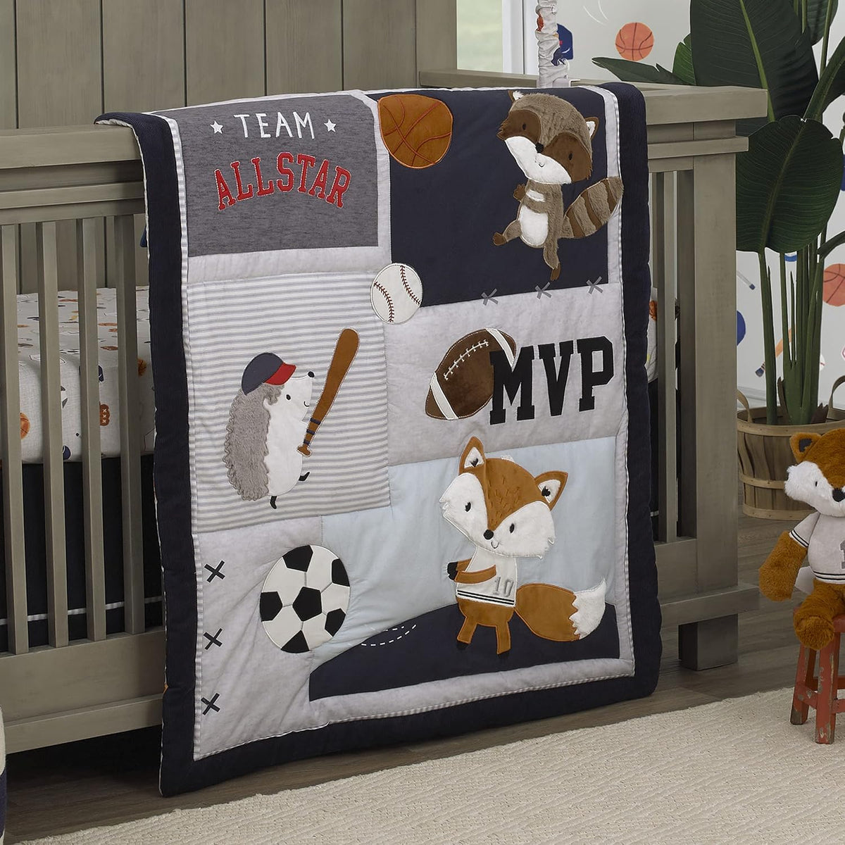 NoJo All-Star Sports 100% Cotton 4-Piece Crib Bedding Set, Applique Comforter, Fitted Sheet, Crib Skirt & Storage Caddy, Navy, Grey and Orange