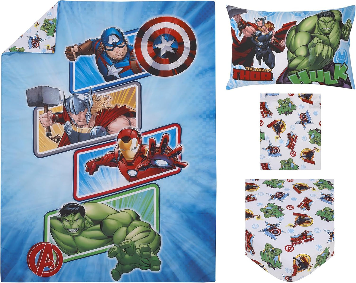 Marvel Avengers 4-Piece Toddler Bedding Set, Hulk, Iron Man, Captain America & Thor Comforter, Fitted Bottom Sheet, Flat Top Sheet & Pillowcase, Blue, Red and Green