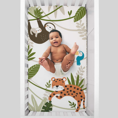 NoJo Jungle Paradise Photo Op Fitted Crib Sheet, Leopard, Sloth & Toucan Baby Bed Sheet, Green, Grey and White