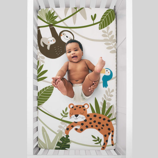 NoJo Jungle Paradise Photo Op Fitted Crib Sheet, Leopard, Sloth & Toucan Baby Bed Sheet, Green, Grey and White