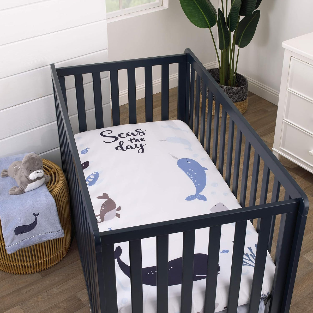 NoJo Ocean "Seas the Day" 100% Cotton Photo Op Fitted Crib Sheet, Whale, Narwhal & Seal Baby Bed Sheet, Navy, Slate Blue and White