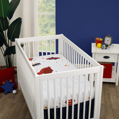 DC Comics Superman Photo Op Fitted Crib Sheet, Metropolis Skyline Superhero Baby Bed Sheet, Red, Blue and White