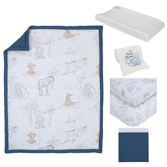 Disney Baby Dumbo Storybook Nursery 6-Piece Crib Bedding Set, Comforter, Fitted Sheets, Blanket, Changing Pad Cover & Wall Decal/Banner, Blue and White