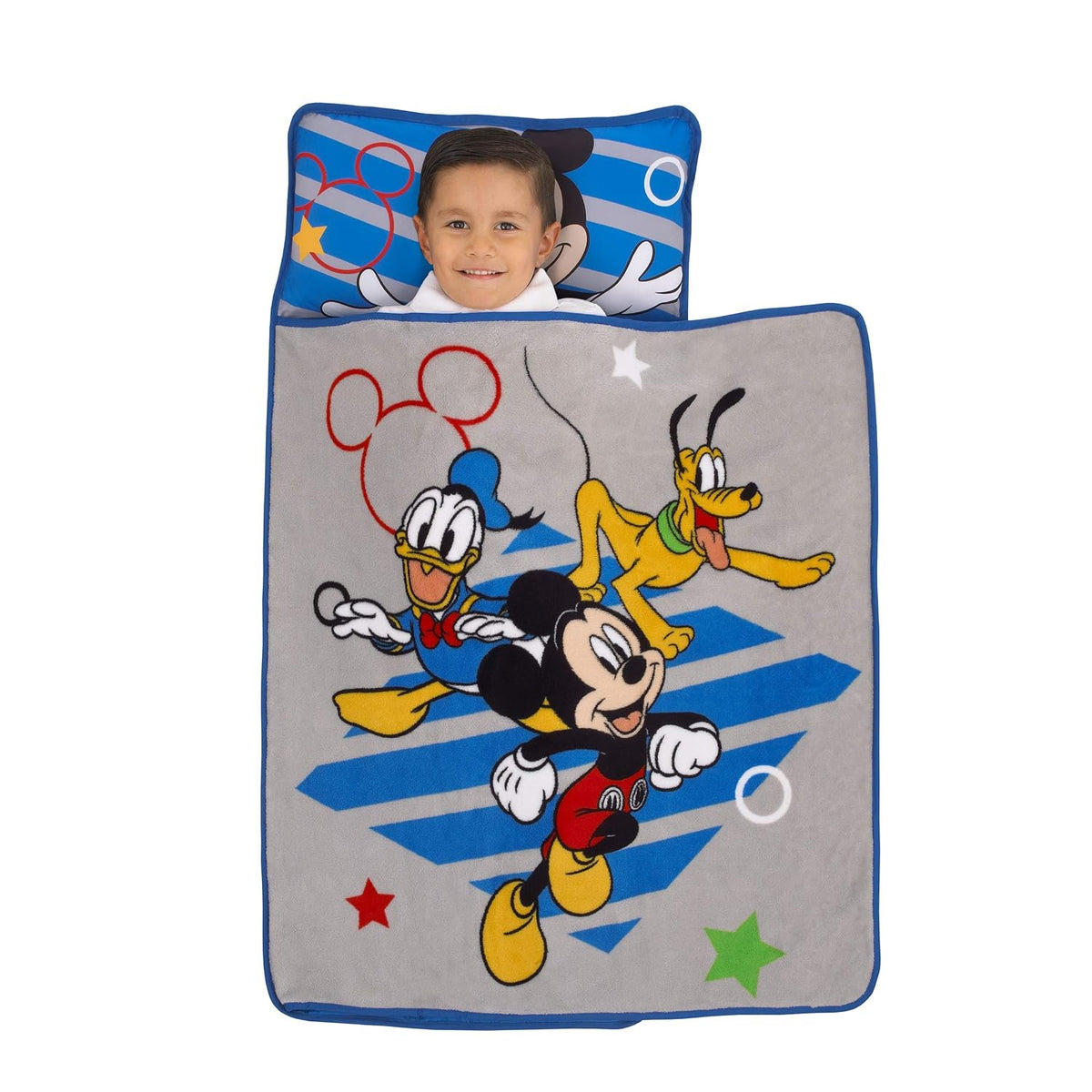 Disney Mickey Mouse Toddler Nap Mat with Built-In Pillow and Blanket, Donald Duck & Pluto, Grey and Royal Blue