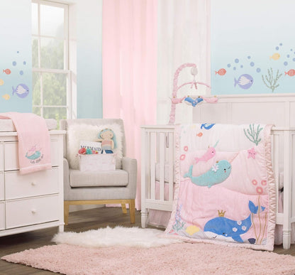 NoJo Under the Sea Narwhal Contoured Changing Pad Cover, Plush Center Panel Diaper Pad Cover, Soft Pink and White