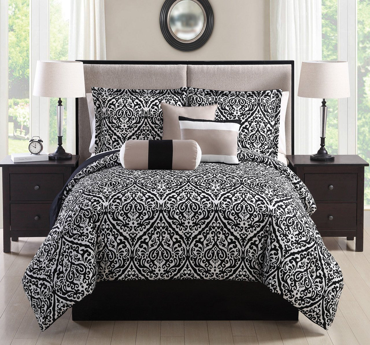 6 Piece Full Amelina Black/Taupe Reversible Comforter Set