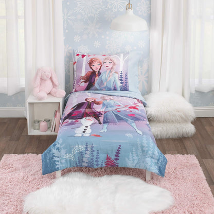 Disney Frozen 4-Piece Toddler Bedding Set, Elsa, Anna & Olaf Comforter, Sheets & Pillowcase, Ice Blue and Lavender