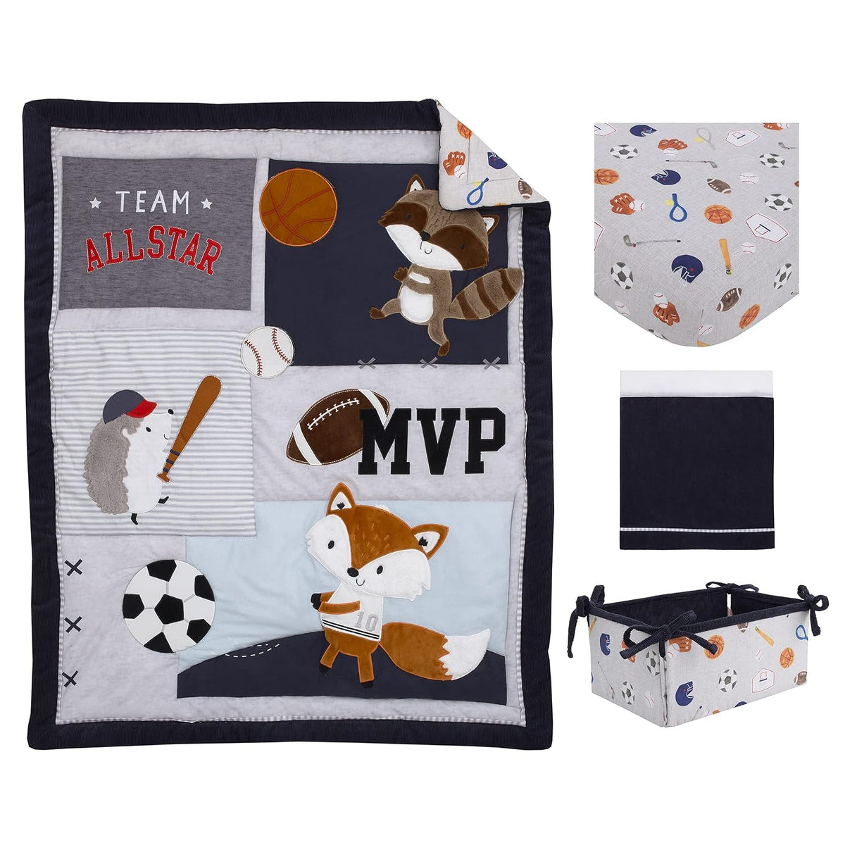 NoJo All-Star Sports 100% Cotton 4-Piece Crib Bedding Set, Applique Comforter, Fitted Sheet, Crib Skirt & Storage Caddy, Navy, Grey and Orange