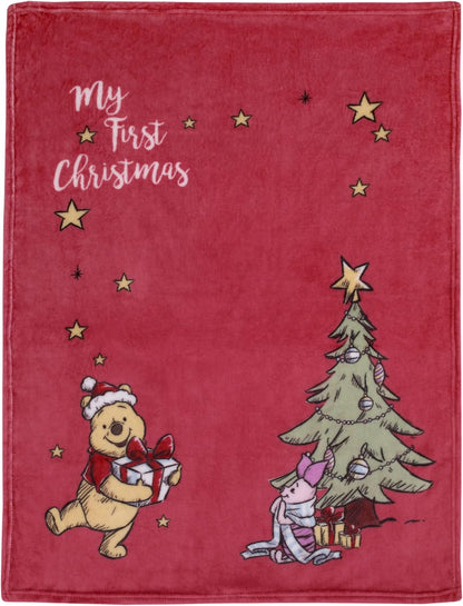Disney Winnie the Pooh "My First Christmas" Holiday Baby Blanket, 30x40 Photo Op Plush Blanket, Red