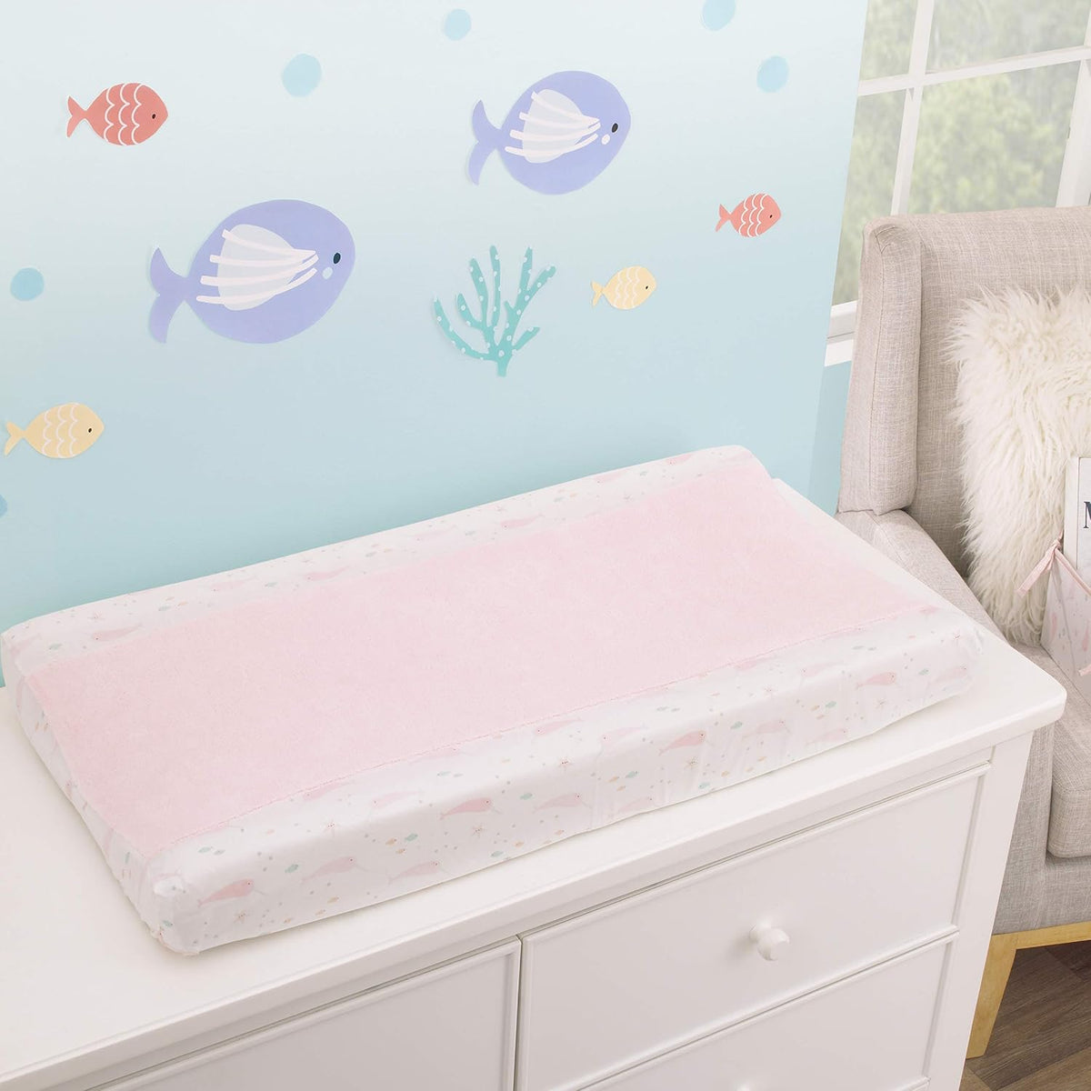 NoJo Under the Sea Narwhal Contoured Changing Pad Cover, Plush Center Panel Diaper Pad Cover, Soft Pink and White