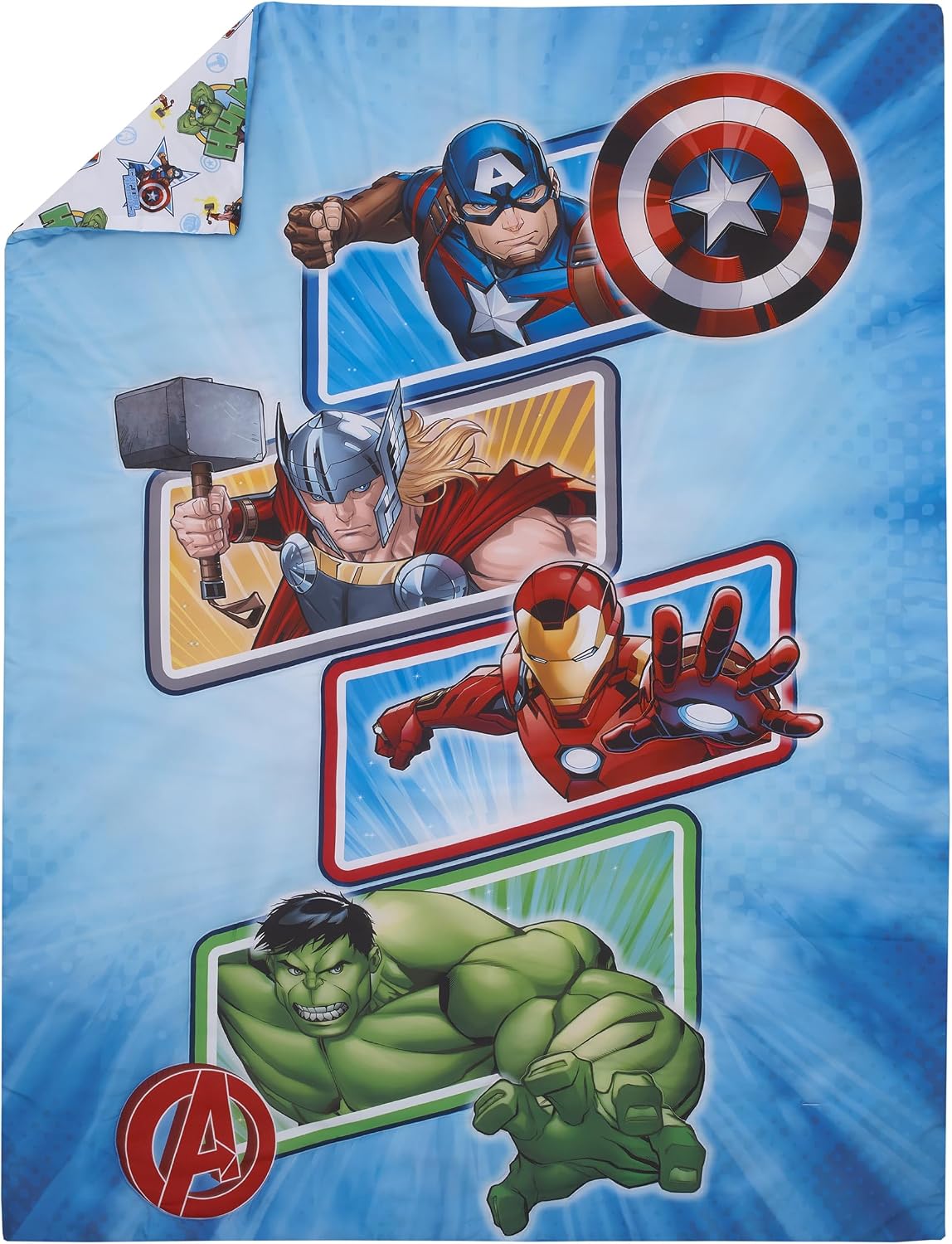 Marvel Avengers 4-Piece Toddler Bedding Set, Hulk, Iron Man, Captain America & Thor Comforter, Fitted Bottom Sheet, Flat Top Sheet & Pillowcase, Blue, Red and Green