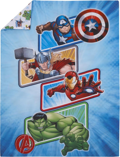 Marvel Avengers 4-Piece Toddler Bedding Set, Hulk, Iron Man, Captain America & Thor Comforter, Fitted Bottom Sheet, Flat Top Sheet & Pillowcase, Blue, Red and Green