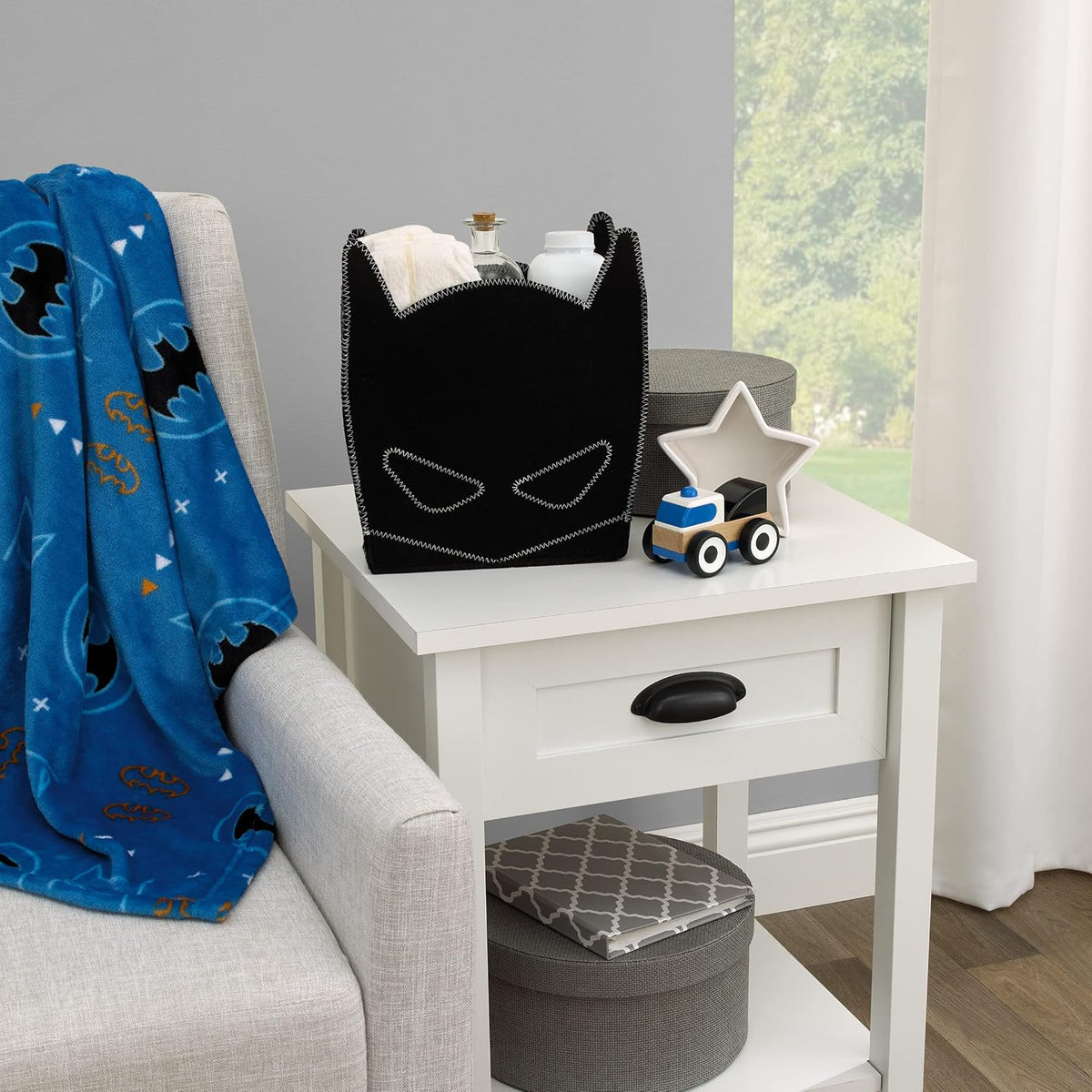 DC Comics Batman Shaped Felt Nursery Storage Caddy, Black Mask Organizer Bin with Contrast Stitching