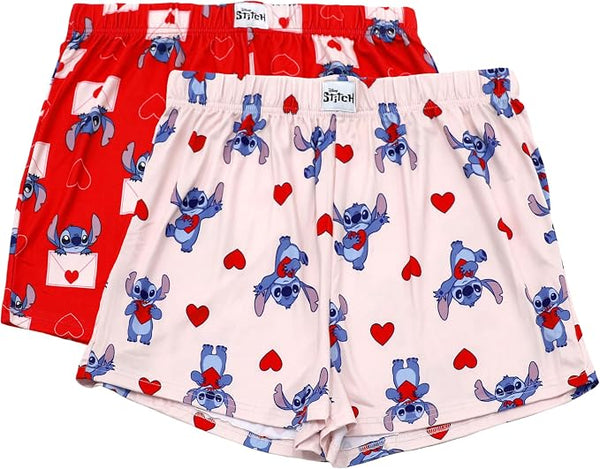 Disney Stitch Women's Pajama Boxer Shorts 2-Pack with Hearts and Love Letters Print Elastic Waist Sleep Shorts Sizes S to XL