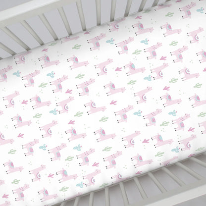 NoJo Llama & Cactus Fitted Crib Sheet, Soft Nursery Mattress Sheet, Pink and White