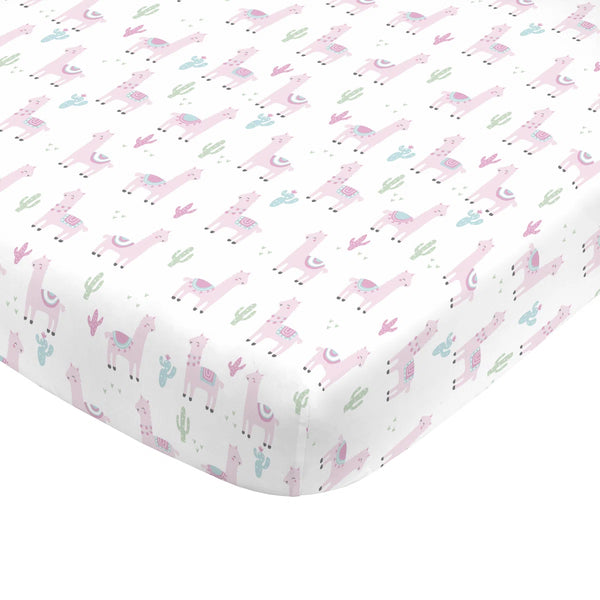 NoJo Llama & Cactus Fitted Crib Sheet, Soft Nursery Mattress Sheet, Pink and White