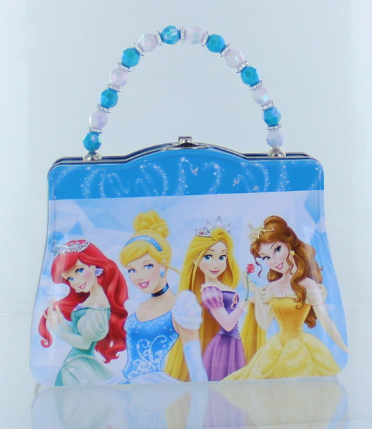 Disney Princess Purse Shaped Tin Box With Beaded Handle-Blue