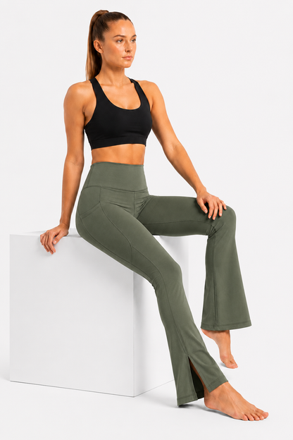 New York Laundry Women's High-Waisted Flare Yoga Pants with Side Pockets and Hem Slits, Olive Green