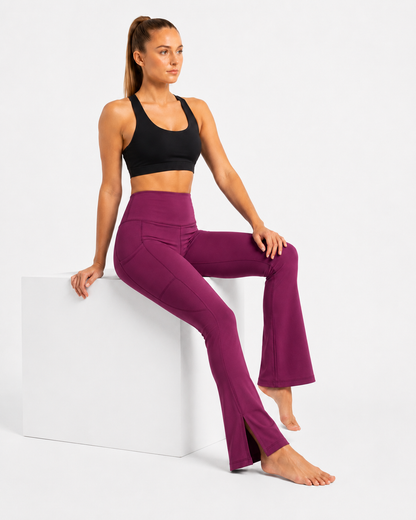 New York Laundry Women's High-Waisted Flare Yoga Pants with Side Pockets and Hem Slits, Purple