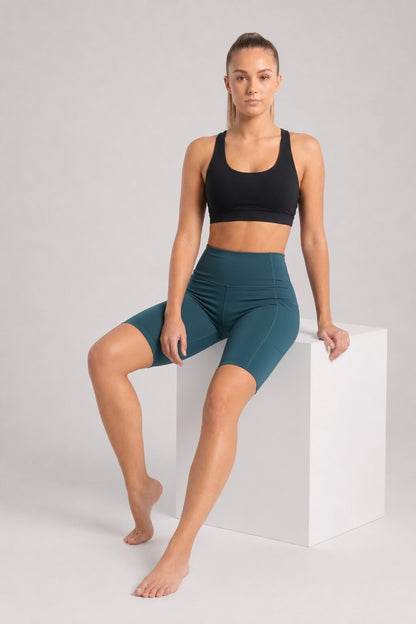 New York Laundry Women's 7-Inch High-Waisted Biker Shorts with Side Pockets, Teal / Dark Green