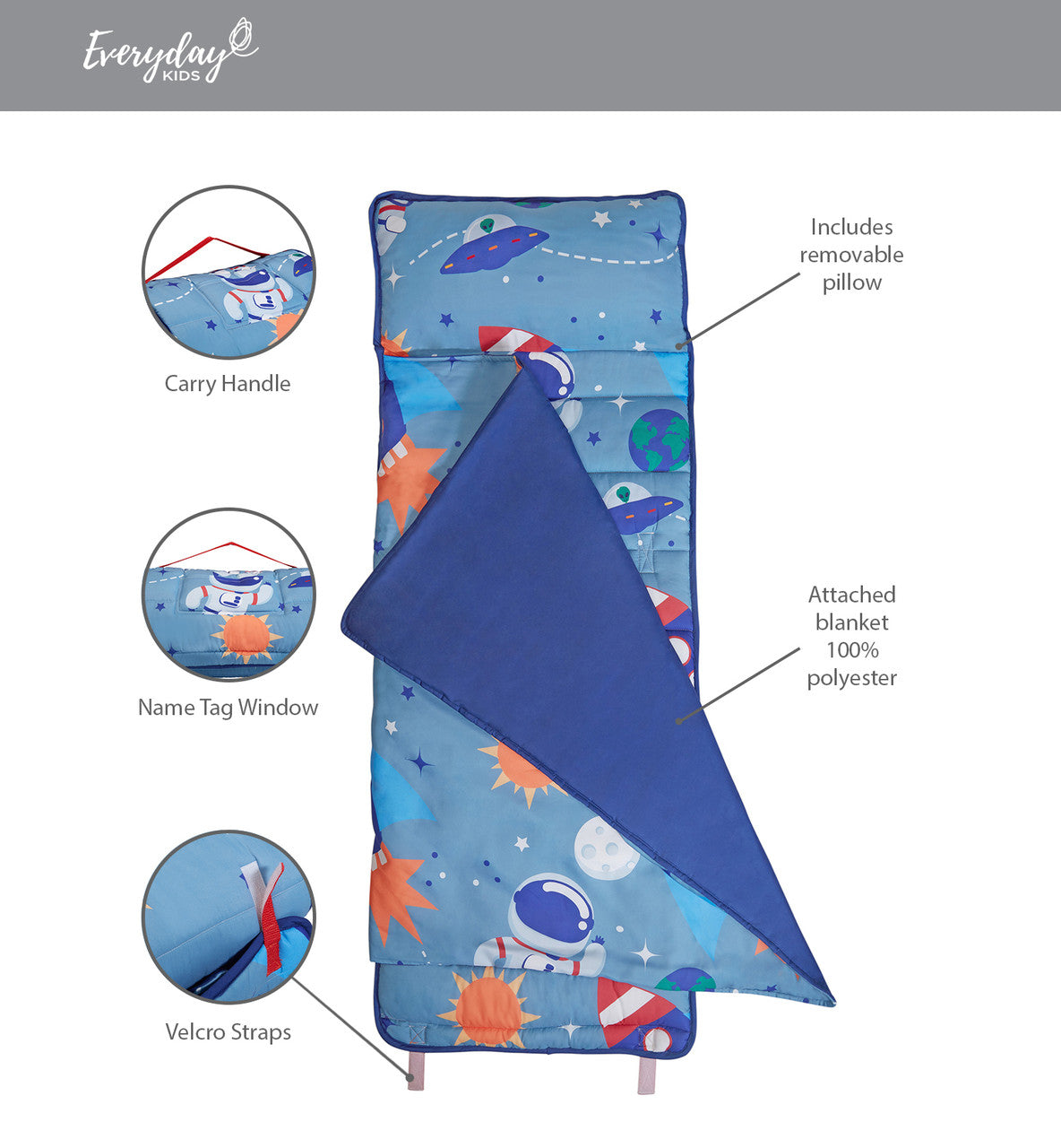 EVERYDAY KIDS Toddler Nap Mat w/Removable Pillow -Outer Space Adventures