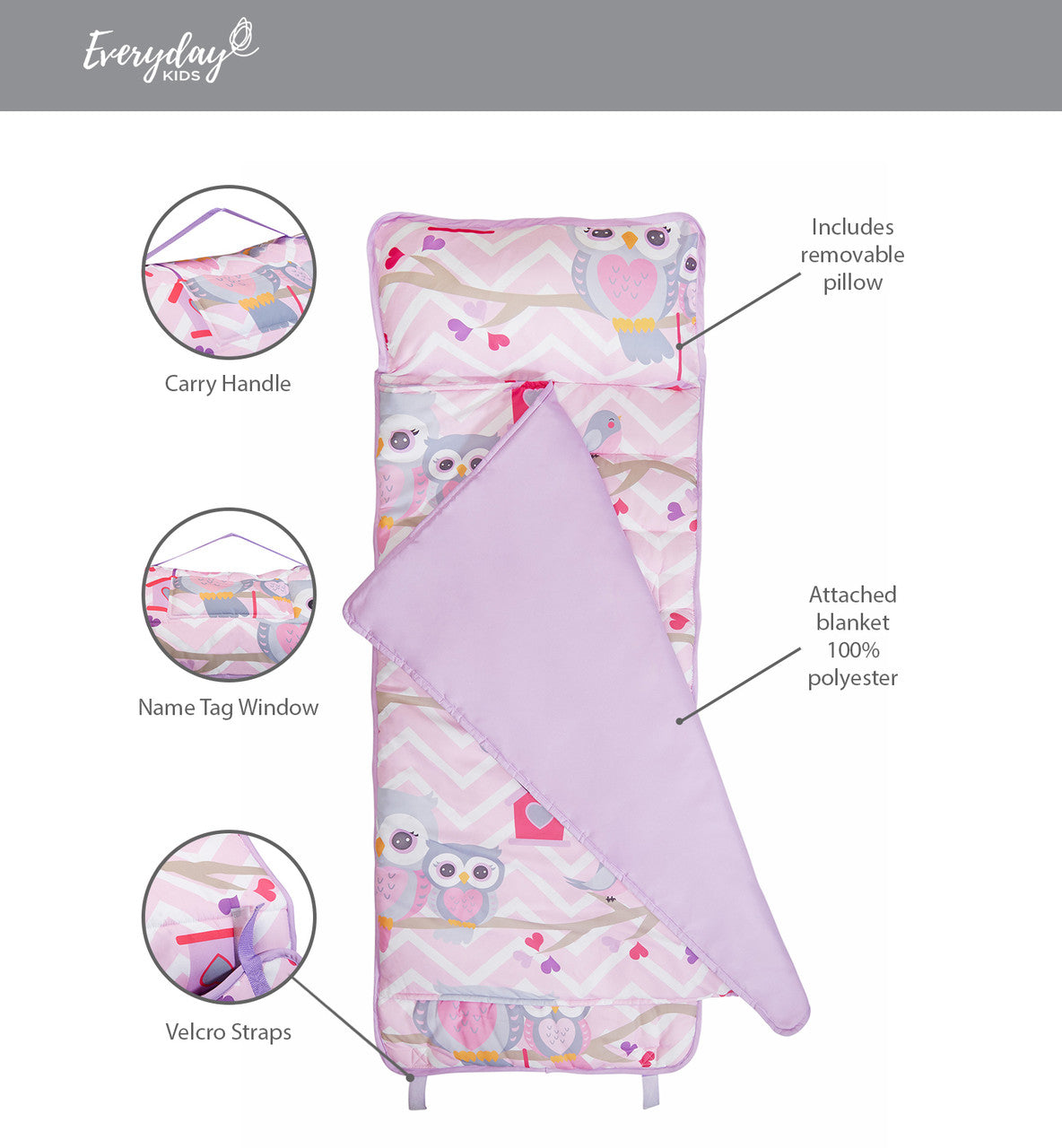Everyday Kids Nap Mat with Removable Pillow - Sweet Owls