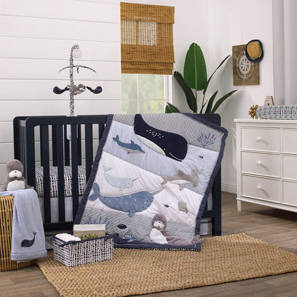 NoJo Ocean "Seas the Day" 100% Cotton Photo Op Fitted Crib Sheet, Whale, Narwhal & Seal Baby Bed Sheet, Navy, Slate Blue and White