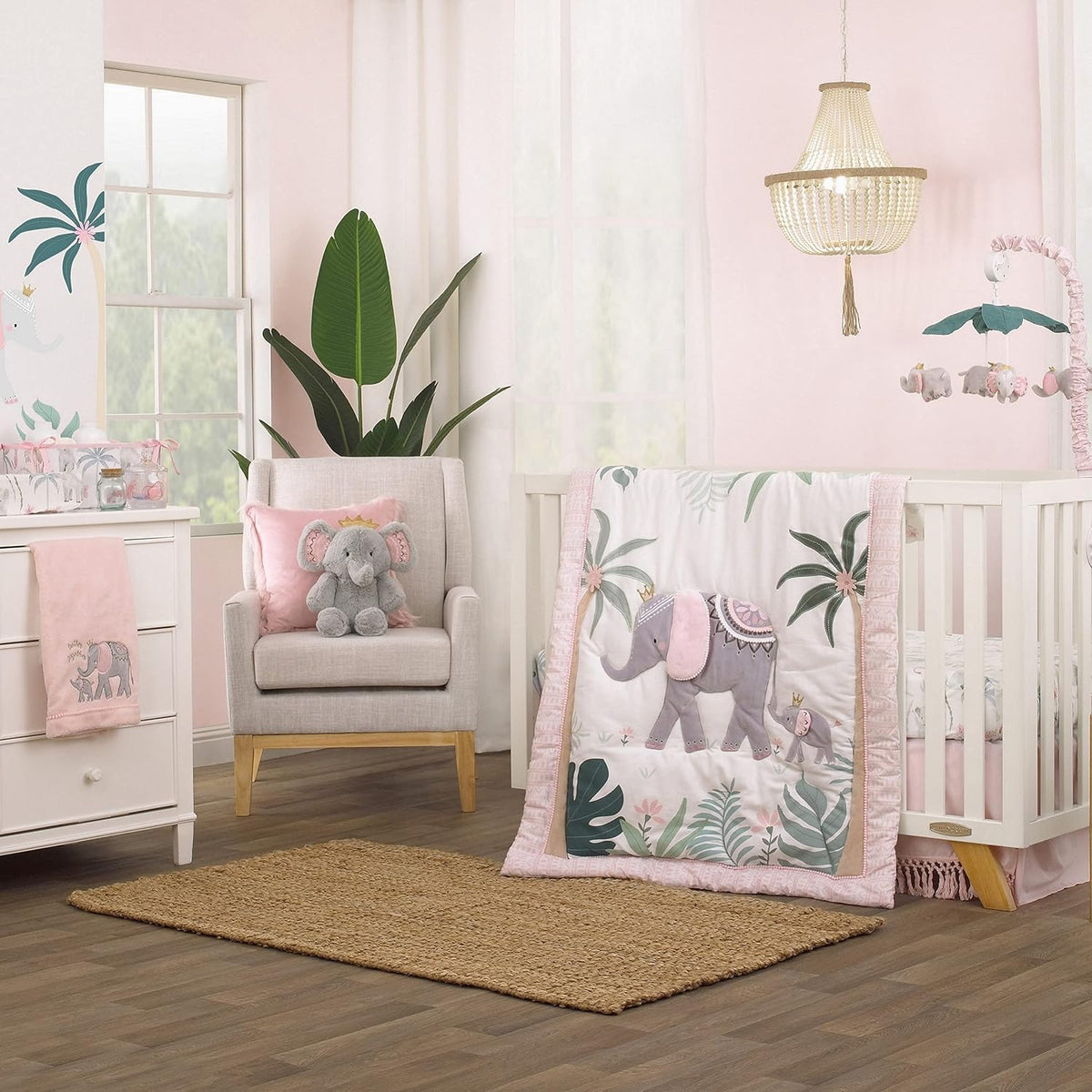 NoJo Watercolor Safari Floral Fitted Crib Sheet, Elephant, Cheetah & Palm Trees Baby Bed Sheet, Soft Pink, Grey and White