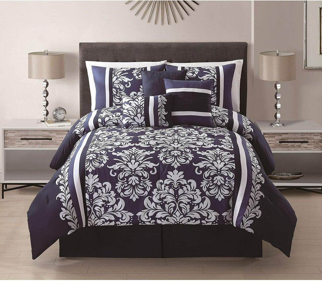 7 Piece Queen Taylor Navy/White Comforter Set