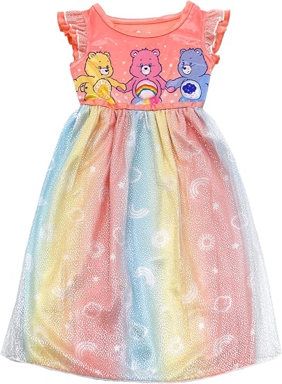 Care Bears Girls Nightgown with Rainbow Tulle Skirt and Flutter Sleeves, Coral Pink Sleepwear for Kids, Sizes 2T- 10