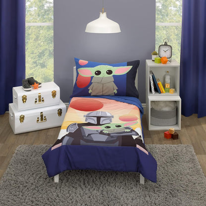 Star Wars The Mandalorian 4-Piece Toddler Bedding Set, Grogu and Mando Comforter, Sheets & Pillowcase, Navy and Orange