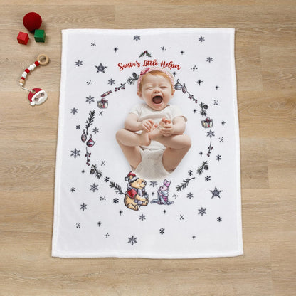 Disney Winnie the Pooh Holiday Baby Blanket, 30x40 "Santa's Little Helper" Milestone Fleece Blanket, White