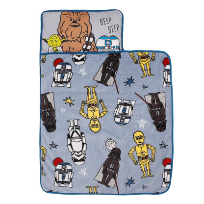 Star Wars Classic Toddler Nap Mat with Built-In Pillow and Blanket, Darth Vader, Yoda & Droids, Blue and Grey
