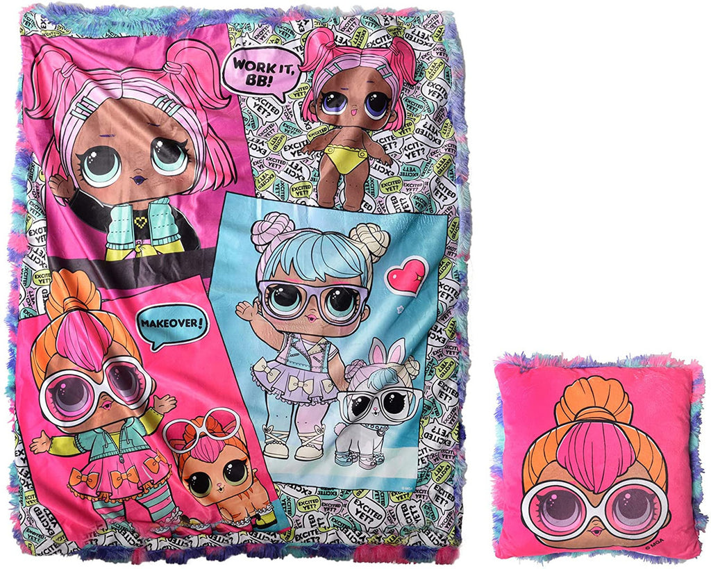 L.O.L.  2Pc Decor Pillow and Throw Set, Fun Faux Fur