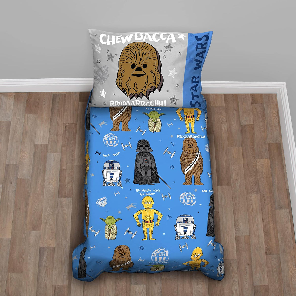 Star Wars Classic 4-Piece Toddler Bedding Set, Quilt, Fitted Sheet, Flat Sheet & Reversible Pillowcase with Travel Tote, Blue and Grey