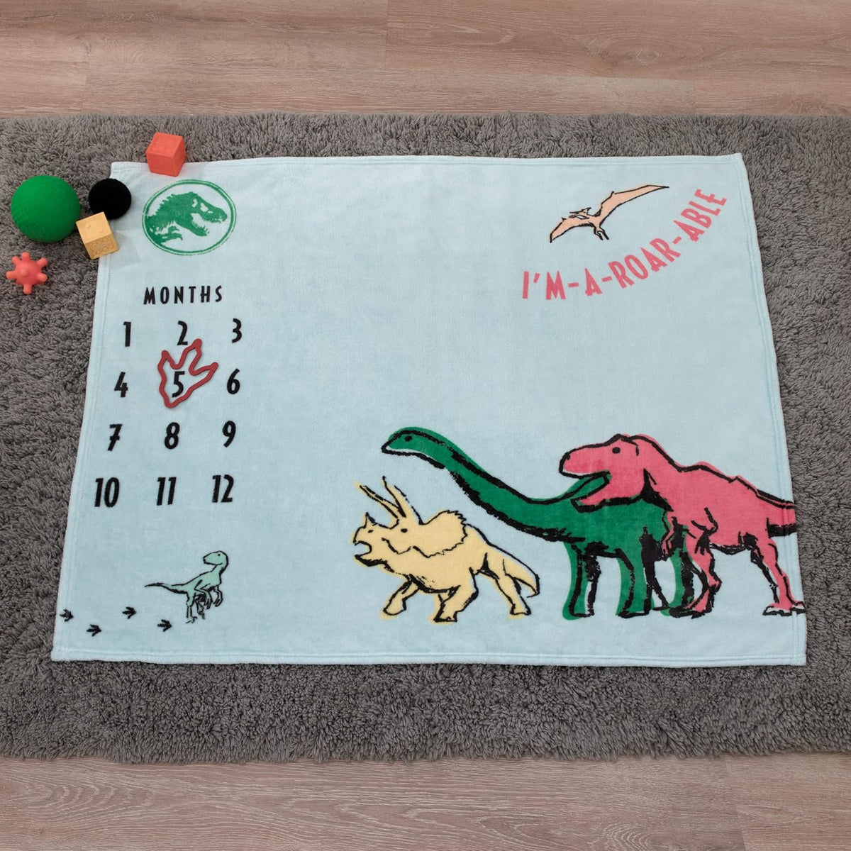 Jurassic World Dinosaurs Plush Milestone Baby Blanket, 40x50 Monthly Photo Op Fleece Blanket with Trackers, T-Rex & Triceratops, Light Blue