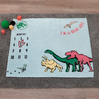 Jurassic World Dinosaurs Plush Milestone Baby Blanket, 40x50 Monthly Photo Op Fleece Blanket with Trackers, T-Rex & Triceratops, Light Blue